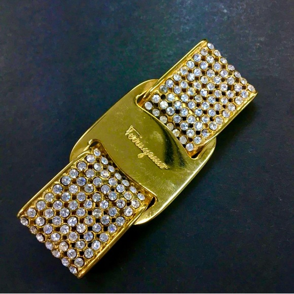 Salvatore Ferragamo Vara Rhinestone Gold Tone Brooch - Picture 1 of 1